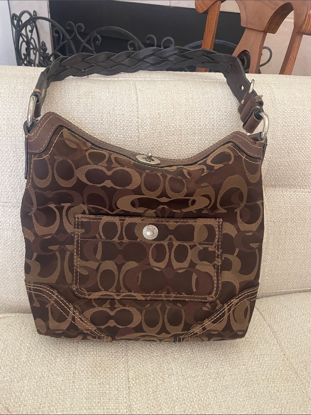 Coach Brown Signature Jacquard Shoulder Bag with Braided Handle